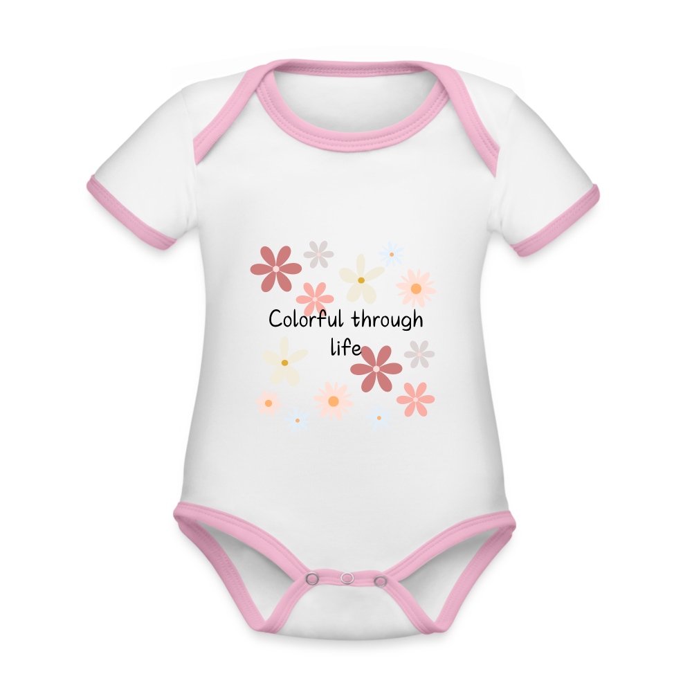 Baby Bio-Kurzarm-Kontrastbody - Colourful through life - Weiß/Rose