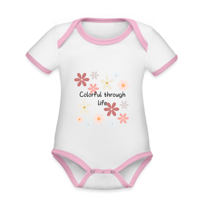 Baby Bio-Kurzarm-Kontrastbody - Colourful through life - Weiß/Rose