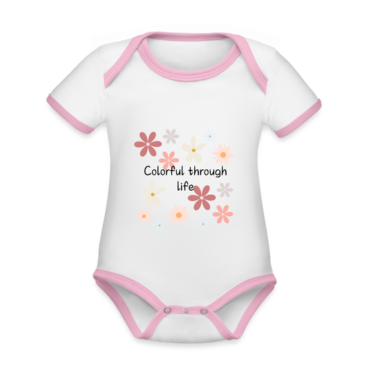 Baby Bio-Kurzarm-Kontrastbody - Colourful through life - Weiß/Rose