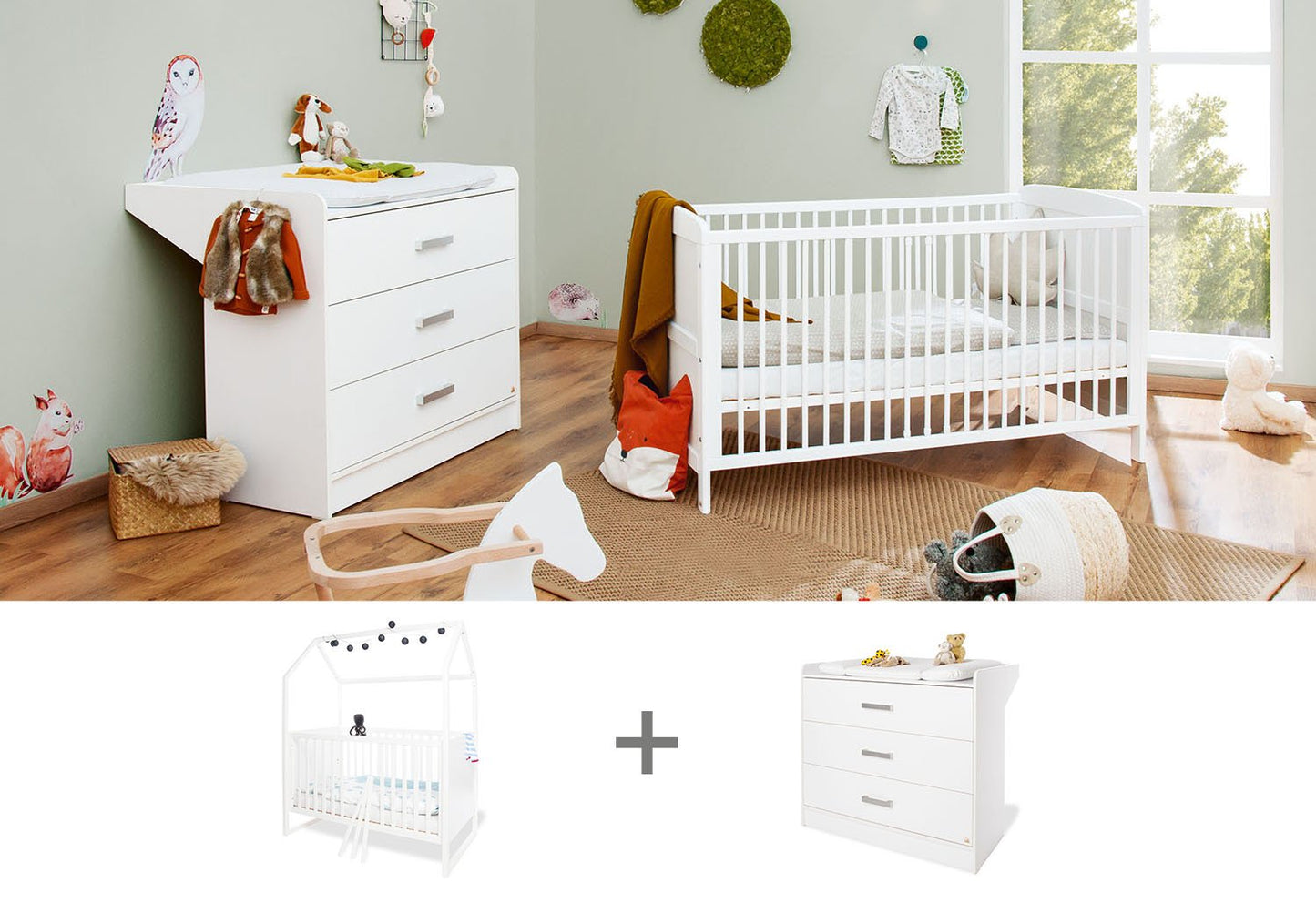 Starter set 'Hilda &amp; Viktoria' wide, white2-piece: house bed, wide changing table